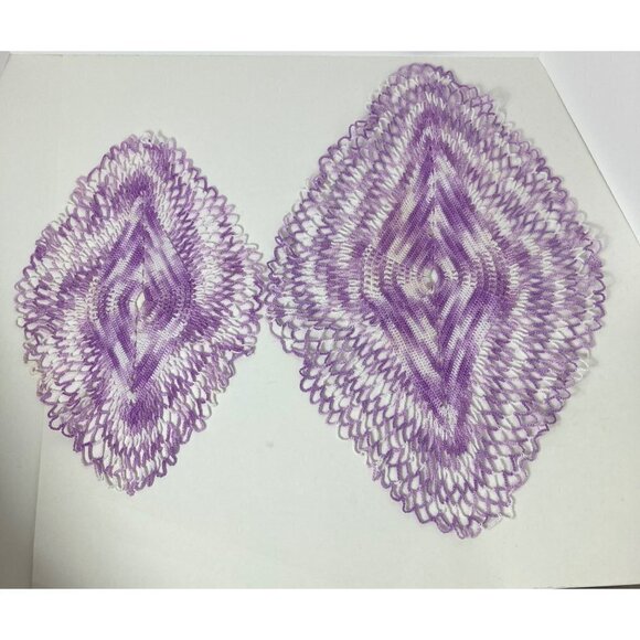 2 Purple White Crocheted Diamond Shaped Doilies - Picture 2 of 6